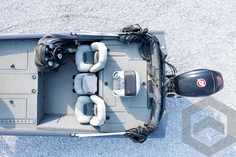 Slide: The Image of 2019 Tracker Pro Team 190 TX boat, aerial view, showcasing seating and motor layout. - 27