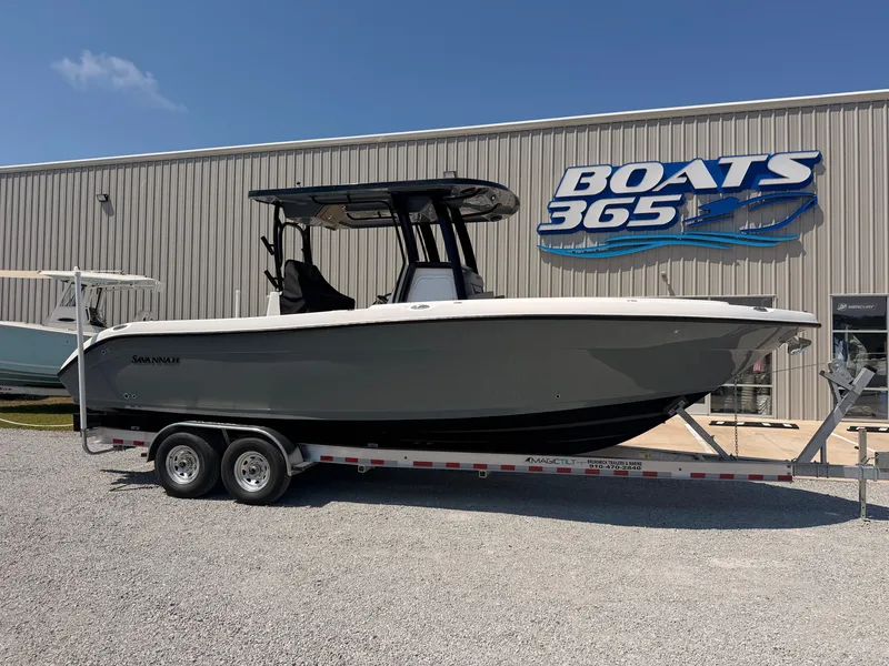 The Image of A 2027 Savannah 2900 Offshore boat on a trailer in front of a building with a "BOATS 365" sign. - 0