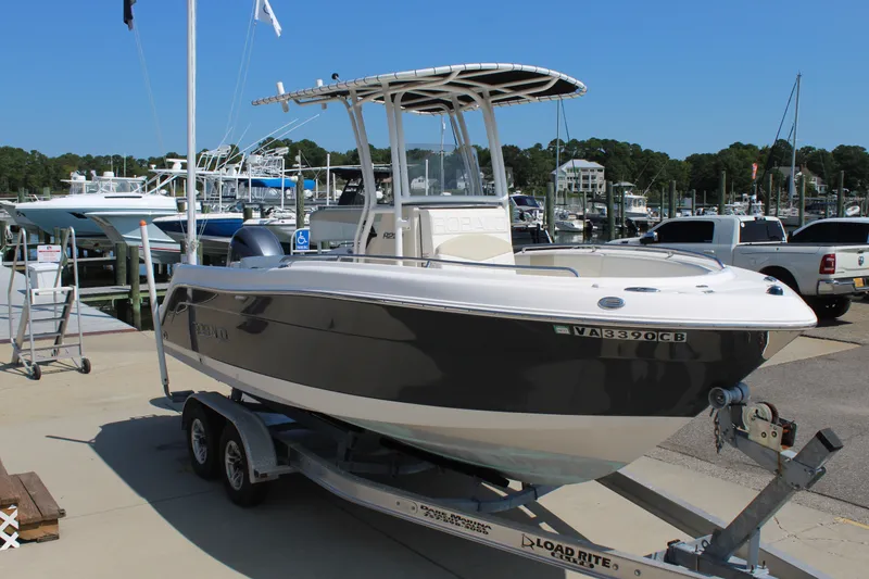 Slide: The Image of A 2015 Robalo R222 Center Console boat on a trailer at a marina. - 6