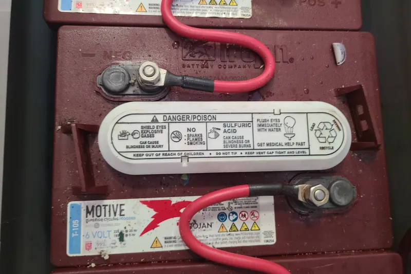 Slide: The Image of Battery with warning labels and red cables, Duffy 18 model, 2019. - 21