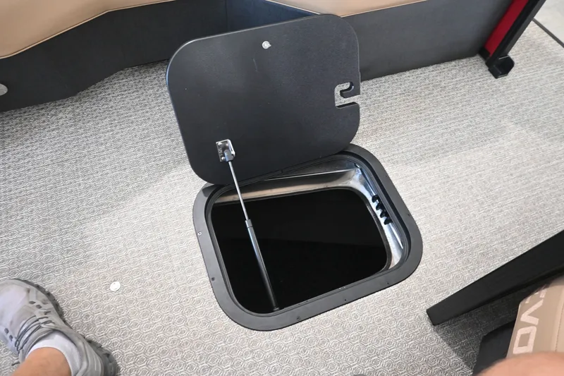 Slide: The Image of An open floor storage compartment on a boat with gray carpeting. - 19