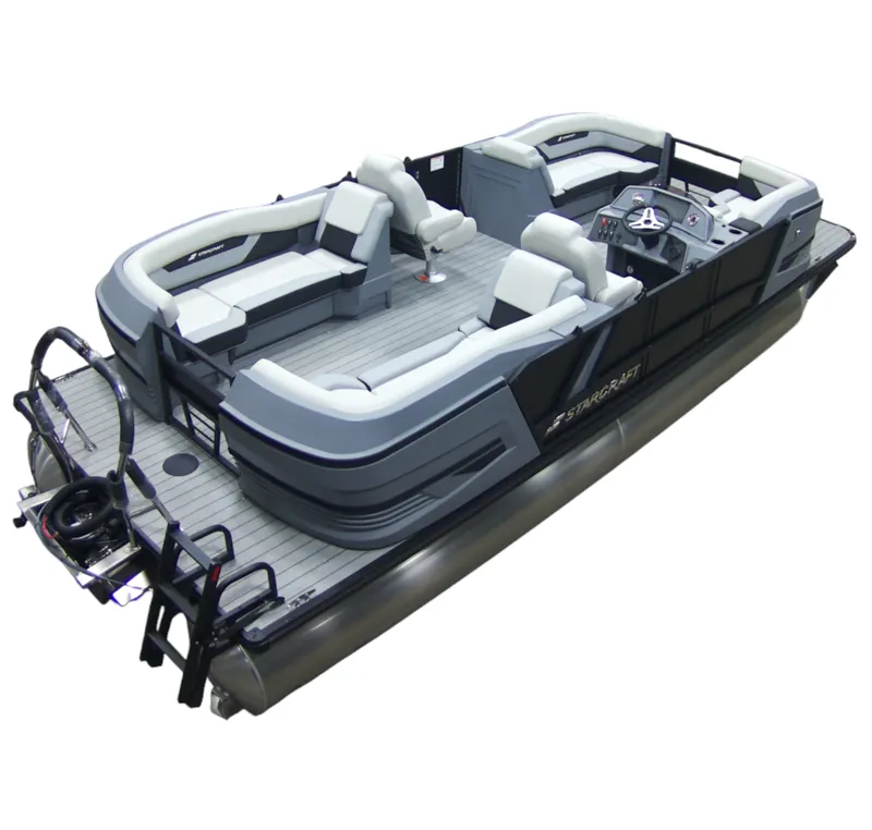 Slide: The Image of The image shows a modern pontoon boat with gray upholstery and a helm station. It has a sleek design. - 3