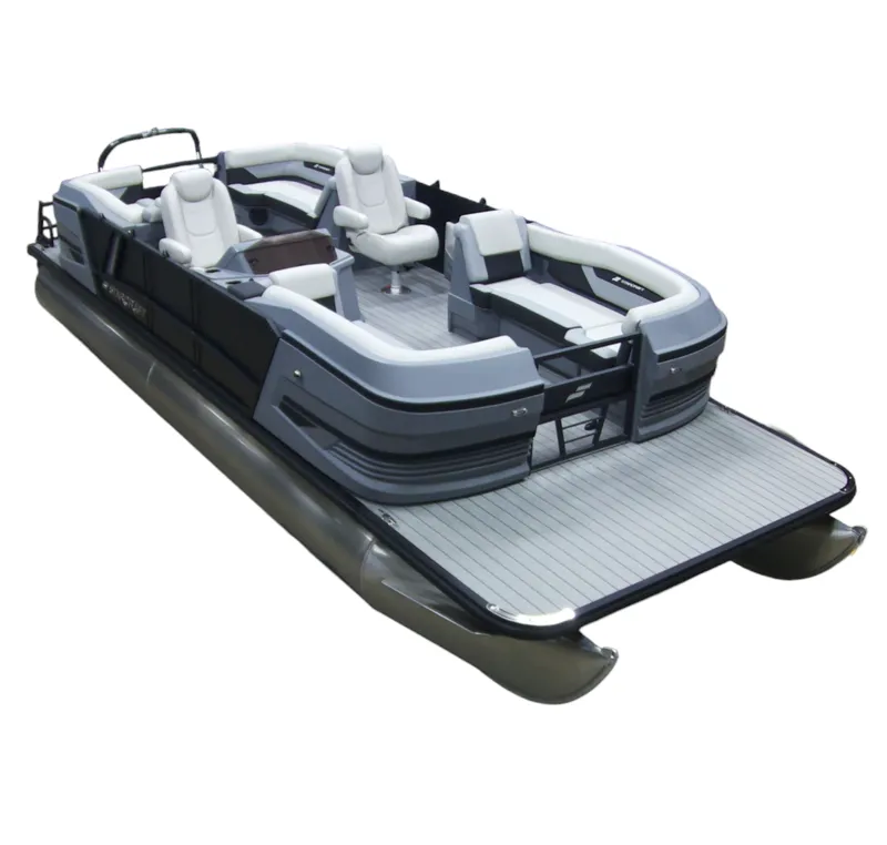 Slide: The Image of The image shows a modern pontoon boat with gray and white seating and a spacious deck. - 2
