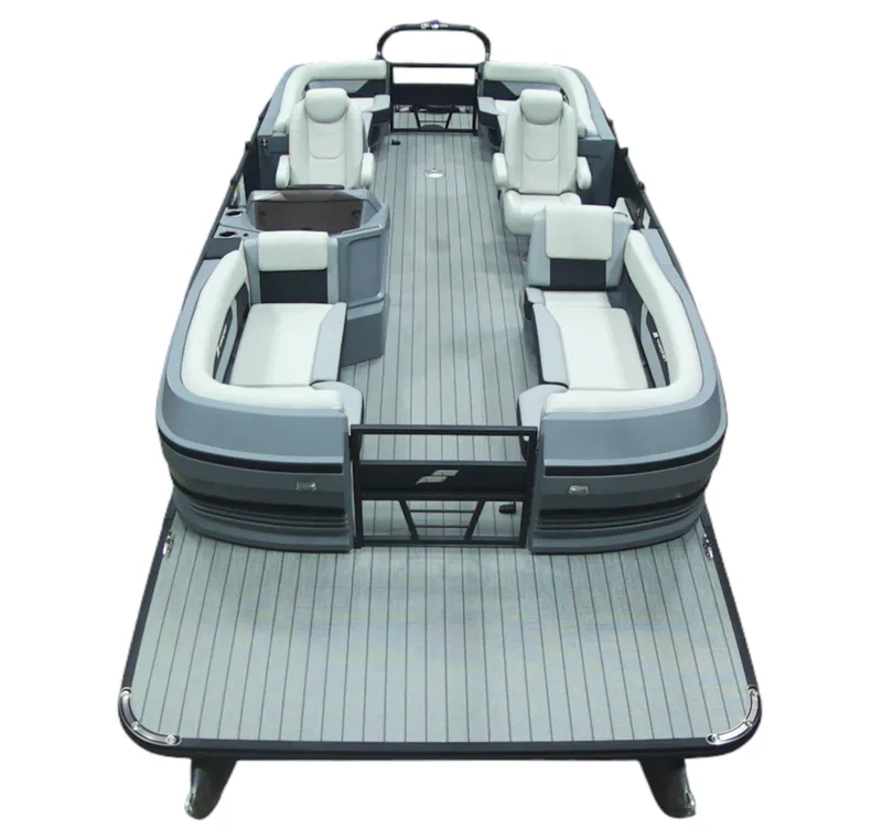 The Image of The image shows a modern pontoon boat with gray upholstery and a spacious deck. - 1