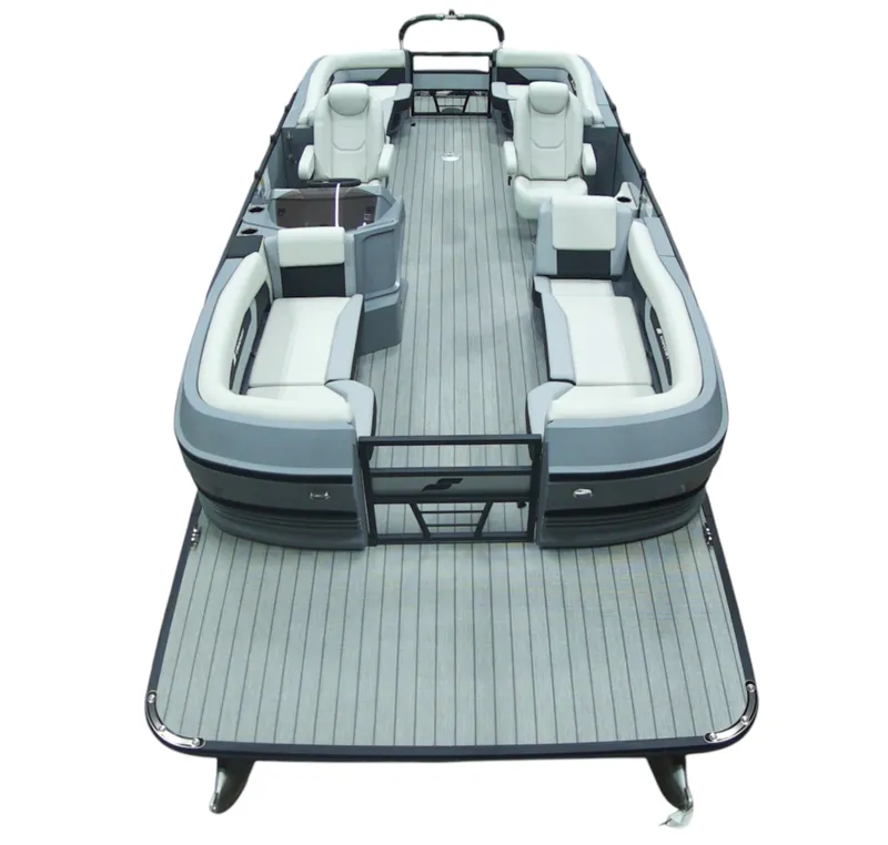 The Image of The image shows a modern pontoon boat with gray upholstery and an open deck layout. - 1