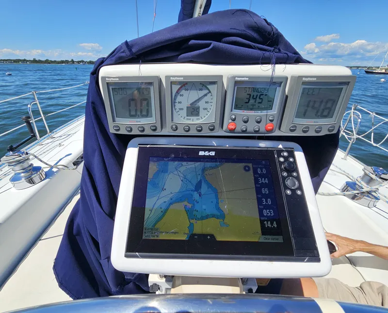 Slide: The Image of Navigation instruments on a 1999 Catalina 42 MkII, overlooking the water. - 17