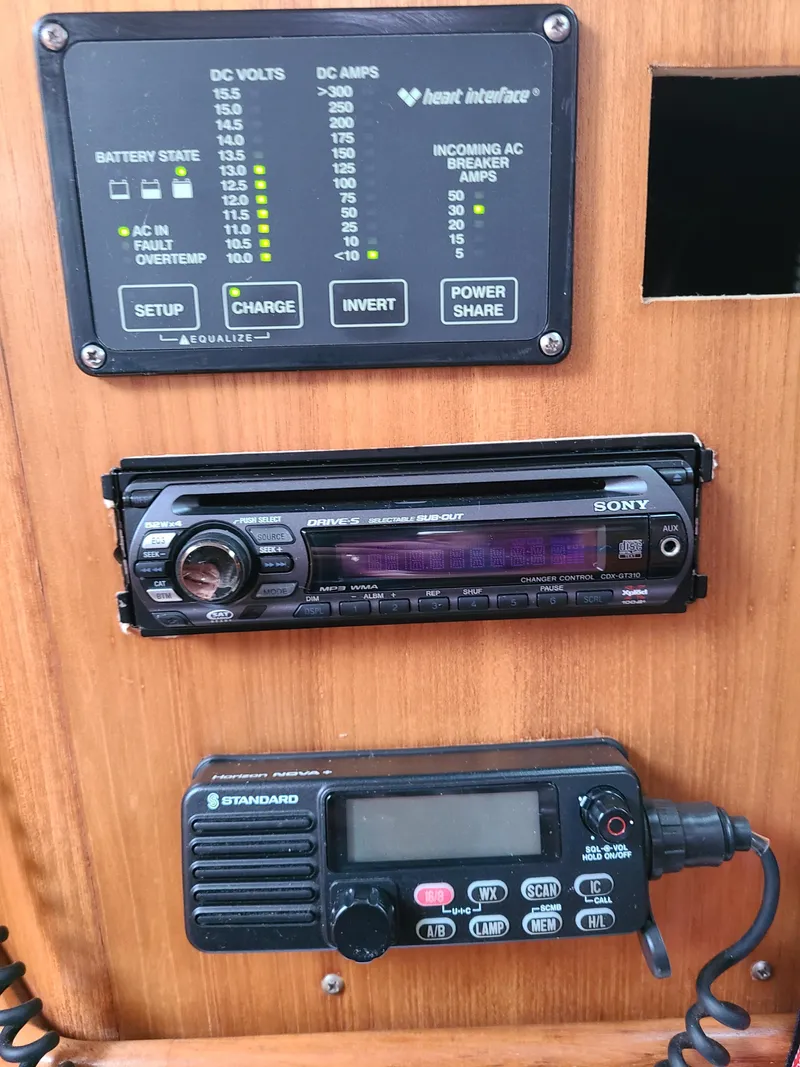 Slide: The Image of A control panel with a battery indicator, Sony radio, and Standard Horizon radio. - 37