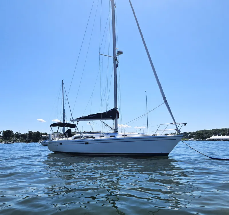 Slide: The Image of A white sailboat floating on calm water, with a clear blue sky in the background. - 6
