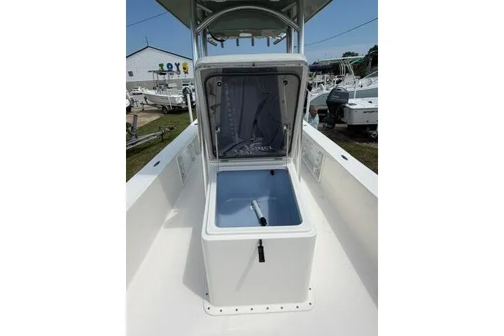 Slide: The Image of 2024 KenCraft 2460 Bayrider boat with open storage compartment, showcasing spacious interior design. - 15