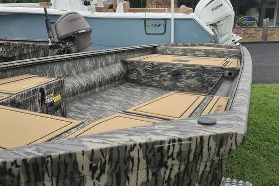 Slide: The Image of 2027 Havoc 1656 MRST MACH 1 boat with camouflage design and Yamaha motor. - 3
