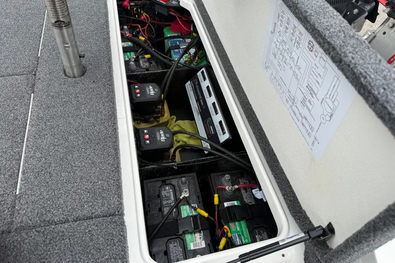 Slide: The Image of 2022 Ranger Z519 boat battery compartment with wiring and circuit diagram. - 23