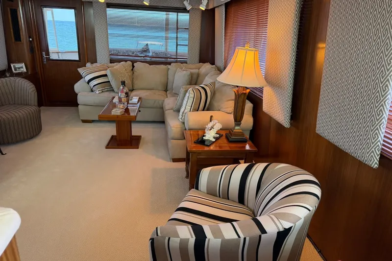 Slide: The Image of Luxurious interior of 1986 Hatteras 63 Cockpit Motor Yacht with elegant seating and decor. - 11