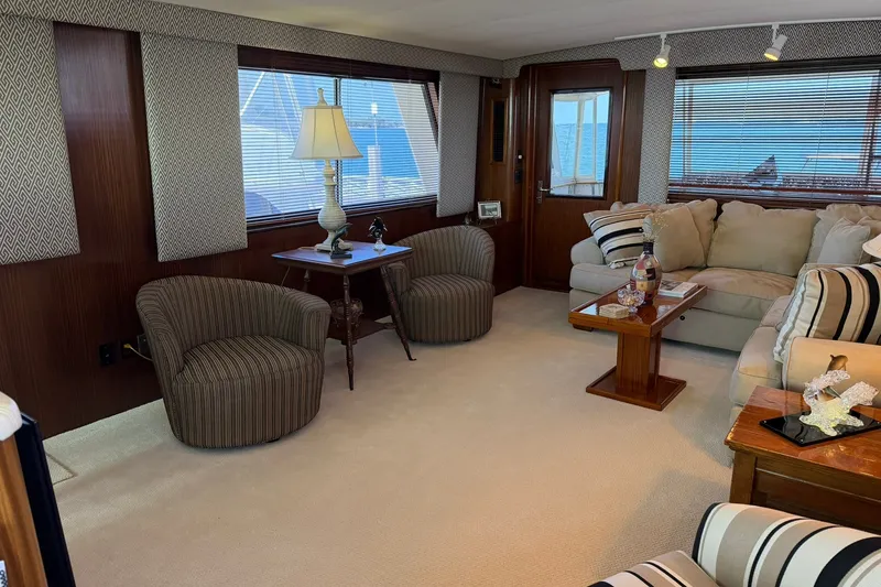 Slide: The Image of Luxurious interior of 1986 Hatteras 63 Cockpit Motor Yacht with elegant seating and decor. - 12