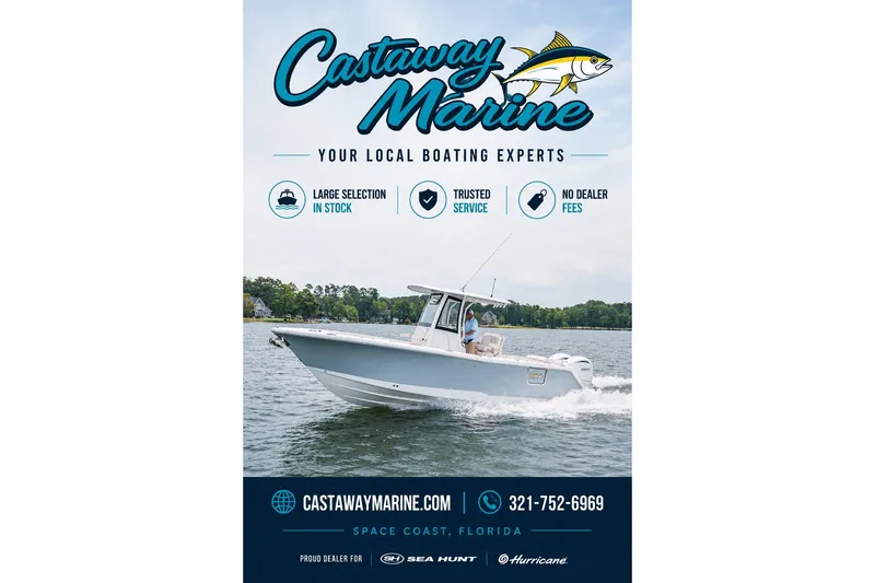 Slide: The Image of 2021 Sea Hunt Gamefish 25 boat on water, Castaway Marine advertisement, Space Coast, Florida. - 26