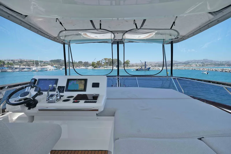 Slide: The Image of Luxurious 2022 Prestige 590 yacht helm with panoramic ocean view. - 24