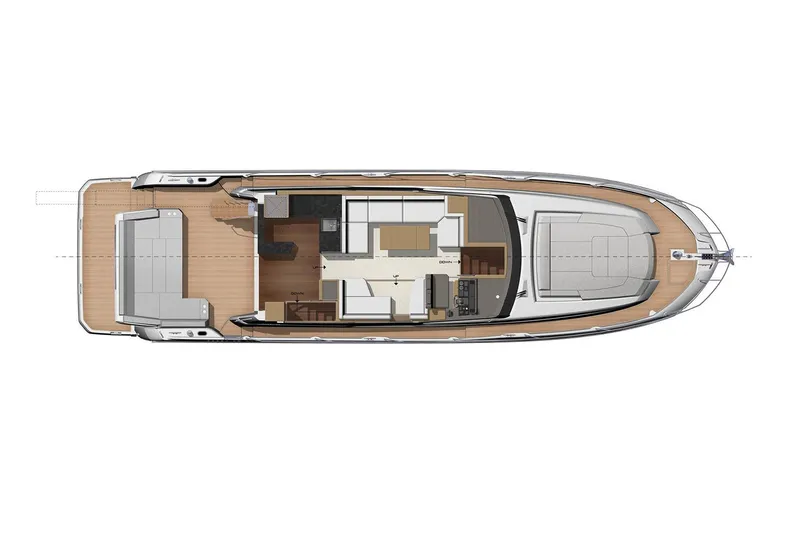Slide: The Image of Manufacturer Provided Image: Top view of 2022 Prestige 590 yacht layout, showcasing spacious deck and interior design. - 64