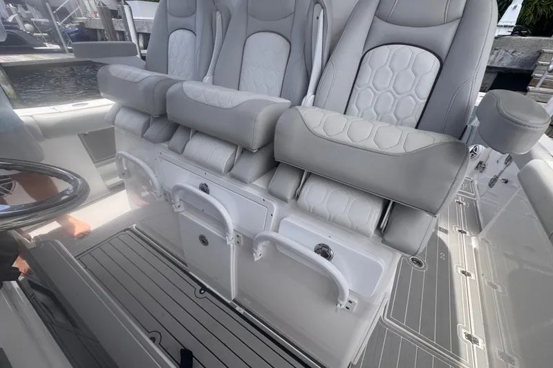 Slide: The Image of Luxury seating on 2023 Sea Fox 368 Commander boat, featuring plush, ergonomic design. - 15