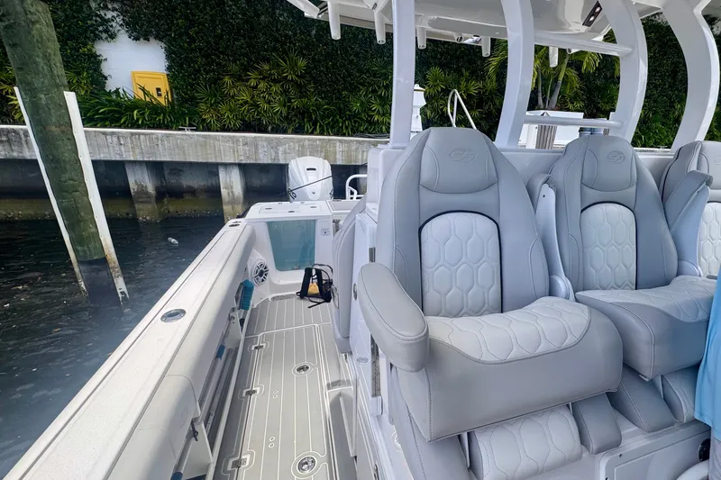 Slide: The Image of 2023 Sea Fox 368 Commander boat interior with luxurious seating and sleek design. - 16