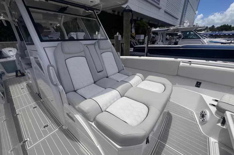 Slide: The Image of 2023 Sea Fox 368 Commander boat interior with luxurious seating and modern design. - 6