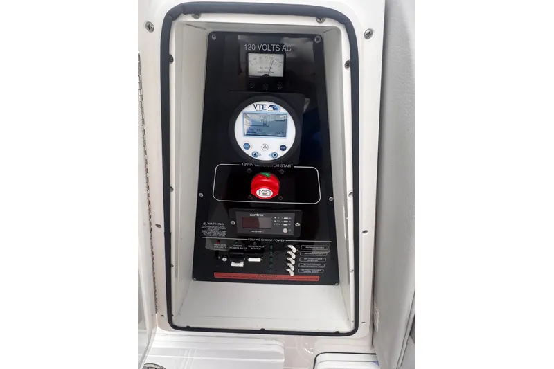 Slide: The Image of Electrical control panel on 2023 Sea Fox 368 Commander boat, featuring various gauges and switches. - 28
