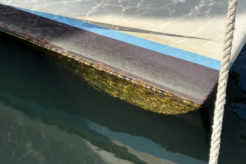 Slide: The Image of 1978 Mainship 34 Trawler hull with algae growth at waterline. - 5