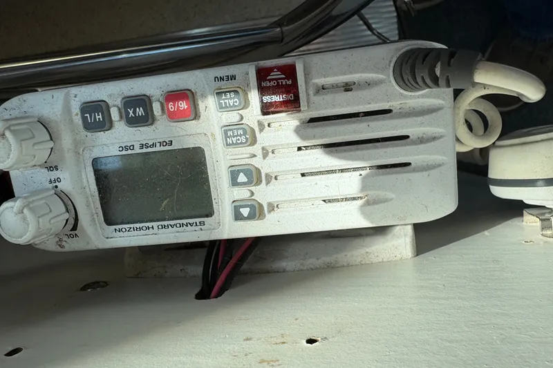 Slide: The Image of Standard Horizon Eclipse DSC radio on 1978 Mainship 34 Trawler boat dashboard. - 22