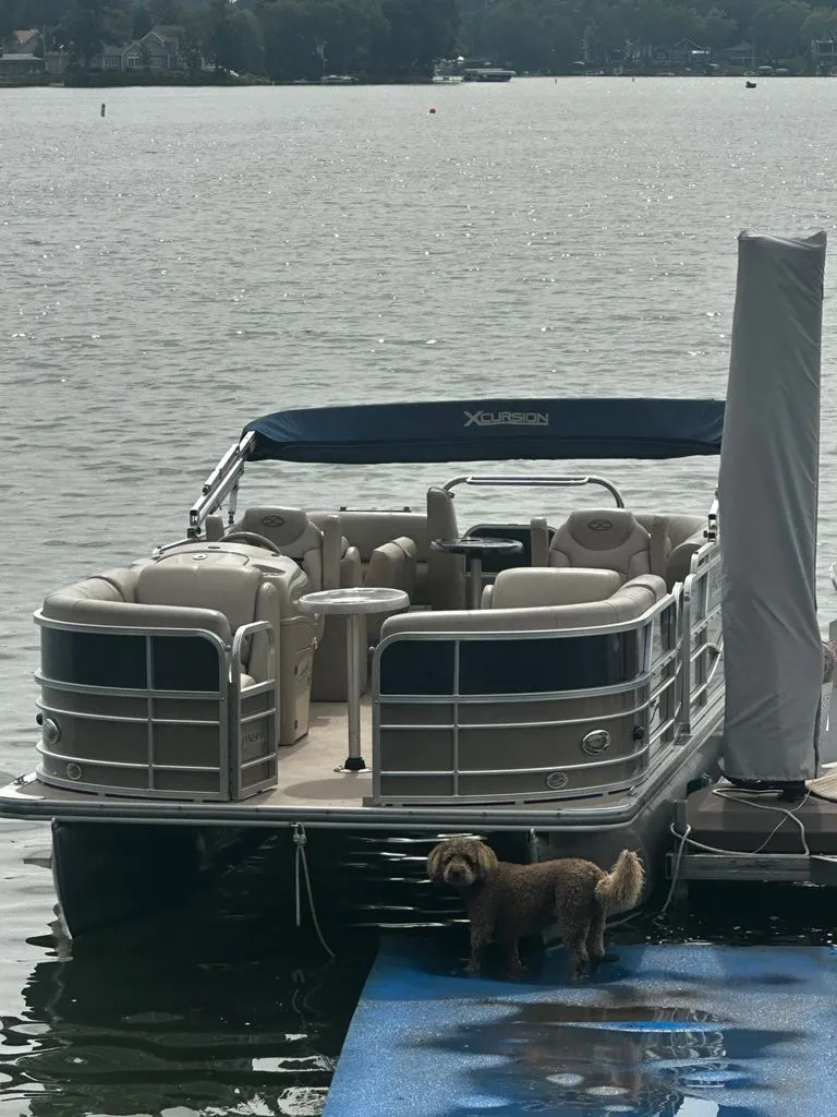 Slide: The Image of A 2013 Xcursion 23RF pontoon boat is docked. A dog stands on the dock. - 15