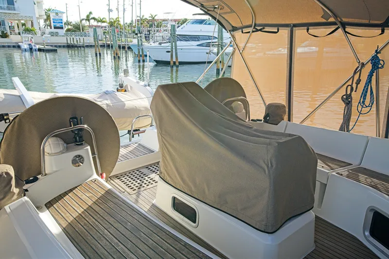 Slide: The Image of Cockpit of 2011 Jeanneau Sun Odyssey 50 DS yacht docked at marina. - 10