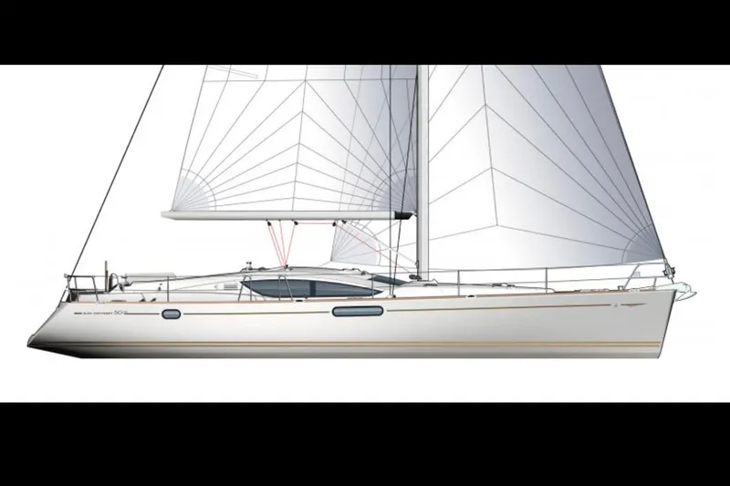 Slide: The Image of 2011 Jeanneau Sun Odyssey 50 DS sailboat illustration, showcasing sleek design and spacious deck. - 37