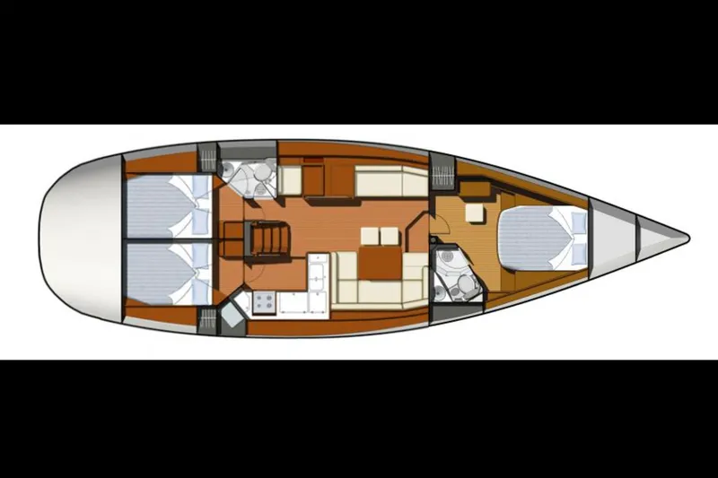 Slide: The Image of Floor plan of a 2011 Jeanneau Sun Odyssey 50 DS sailboat, featuring cabins and amenities. - 2