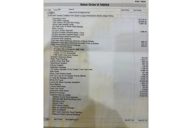 Slide: The Image of Sales order for 2024 Avalon Catalina Platinum Quad Lounge boat with detailed pricing and features. - 13