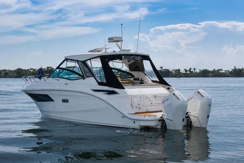 The Image of 2025 Sea Ray Sundancer 320 Outboard cruising on calm waters under a clear sky. - 0