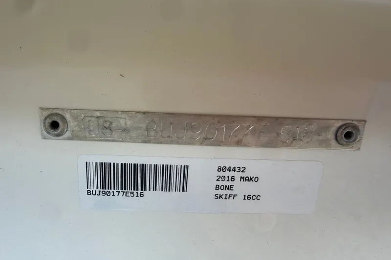 Slide: The Image of 2016 Mako Pro Skiff 16 CC identification plate with serial number and barcode. - 28