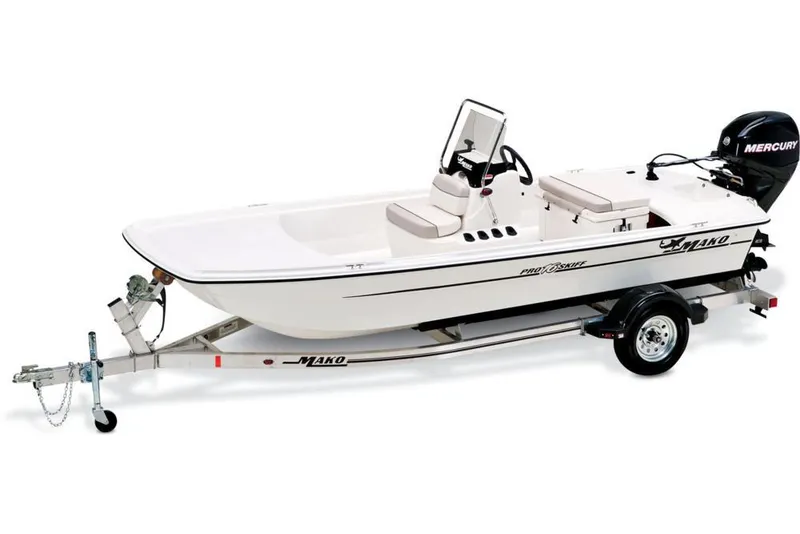 Slide: The Image of Manufacturer Provided Image: 2016 Mako Pro Skiff 16 CC boat on trailer with Mercury outboard motor. - 31