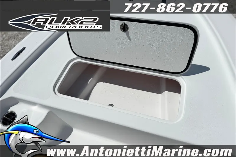 Slide: The Image of ALK2 Powerboats 17HS 2027 model with storage compartment, contact info, and logo. - 11