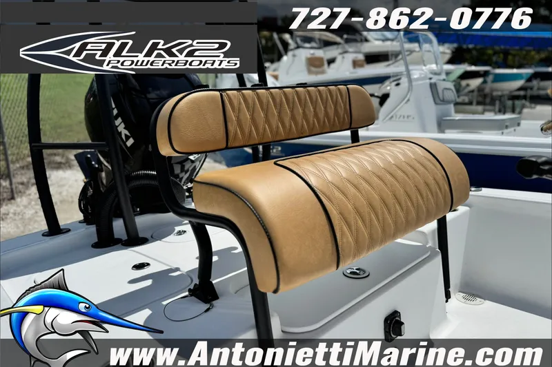 Slide: The Image of ```json "ALK2 Powerboats 17HS 2027 model with tan leather seating, displayed at Antonietti Marine." ``` - 5