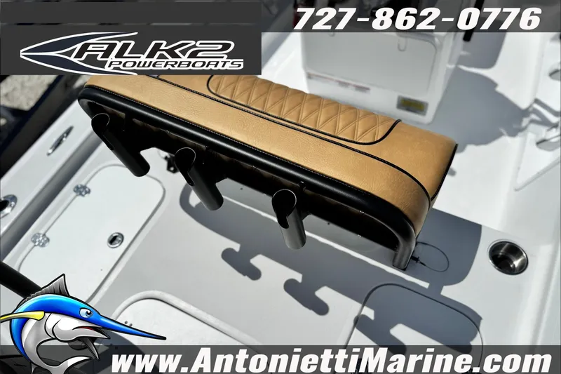 Slide: The Image of ALK2 Powerboats 17HS 2027 model with tan seating and rod holders on deck. - 9