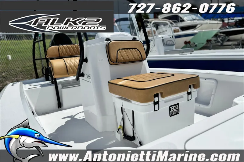 Slide: The Image of ALK2 Powerboats 17HS 2027 model with tan seating, showcased by Antonietti Marine. - 7