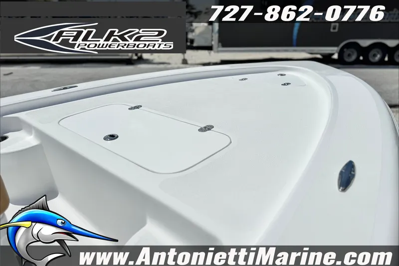 Slide: The Image of 2027 ALK2 Powerboats 17HS deck view with logo and contact details. - 6