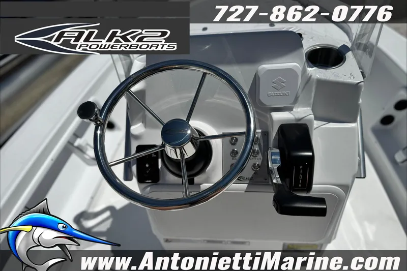 Slide: The Image of Steering console of 2027 ALK2 Powerboats 17HS with Suzuki controls, Antonietti Marine branding. - 12