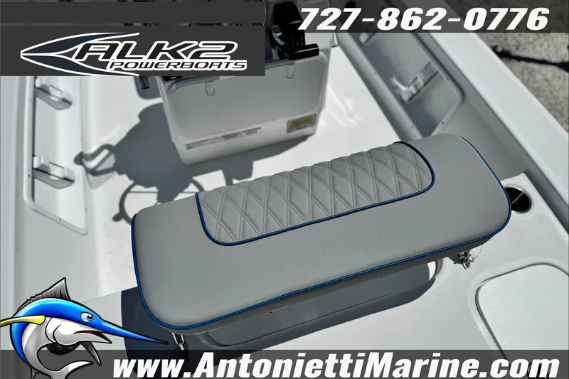 Slide: The Image of 2027 ALK2 Powerboats 17HS interior with cushioned seating, featuring Antonietti Marine branding. - 7