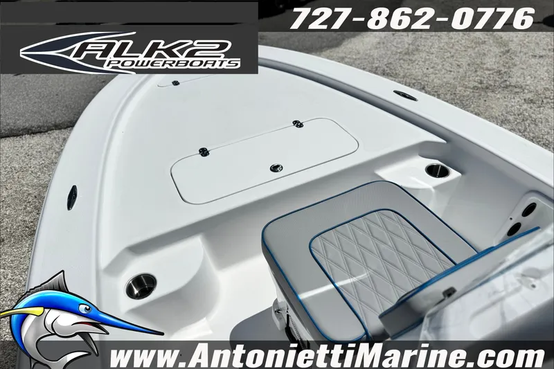 Slide: The Image of 2027 ALK2 Powerboats 17HS deck view with seating and storage. - 8