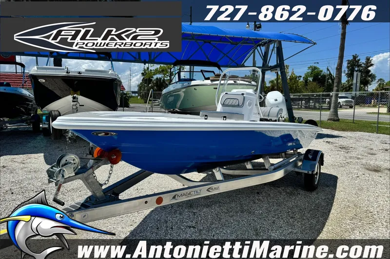 Slide: The Image of Blue ALK2 Powerboats 17HS 2027 model on trailer at Antonietti Marine dealership. - 3