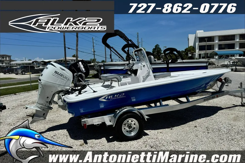Slide: The Image of 2027 ALK2 Powerboats 17HS on trailer, featuring Suzuki engine, displayed at Antonietti Marine. - 4