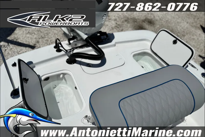 Slide: The Image of 2027 ALK2 Powerboats 17HS interior with storage compartments and seating, Antonietti Marine branding. - 14