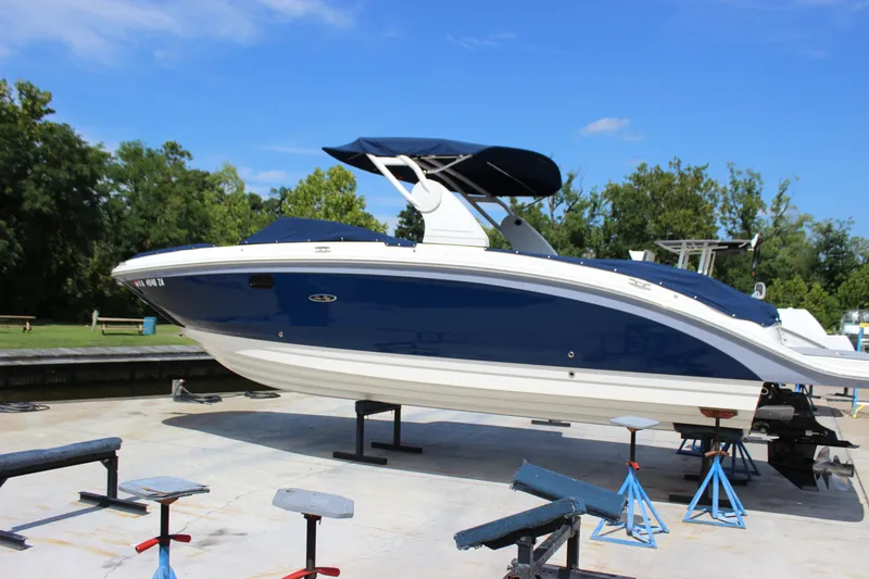 Slide: The Image of 2019 Sea Ray SDX 290 boat on stands, blue and white hull, sunny day. - 2
