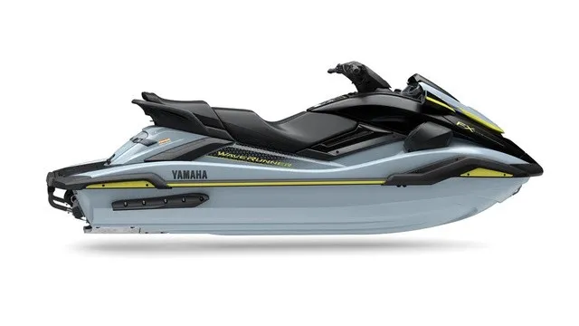Slide: The Image of A modern Yamaha WaveRunner FX SVHO jet ski in light blue with black accents and sporty design. - 2