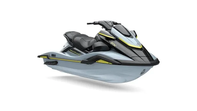 The Image of A modern Yamaha WaveRunner FX SVHO jet ski in light blue and black with yellow accents. - 1