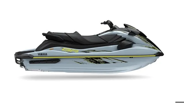 Slide: The Image of A modern Yamaha WaveRunner GP SVHO jet ski in light gray with black and yellow accents. - 2