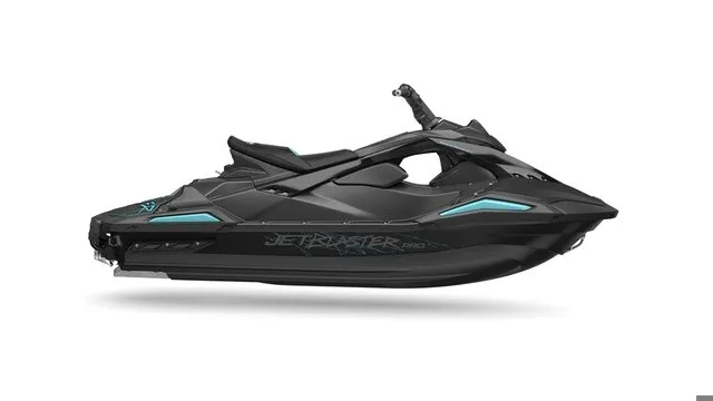 Slide: The Image of The 2027 Yamaha WaveRunner JetBlaster PRO 2-Up is a sleek, black jet ski with turquoise accents. - 2